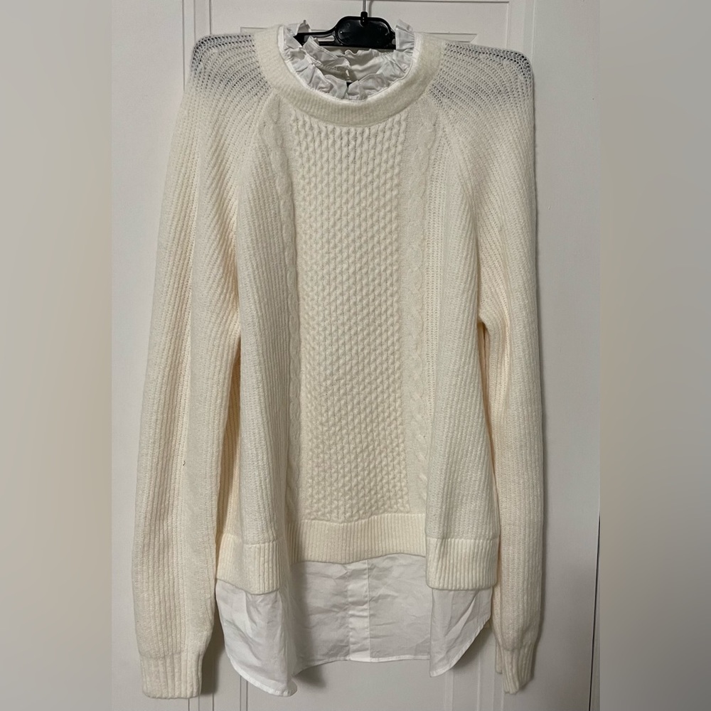Loft layered mixed media cable sweater size L cream/whitr